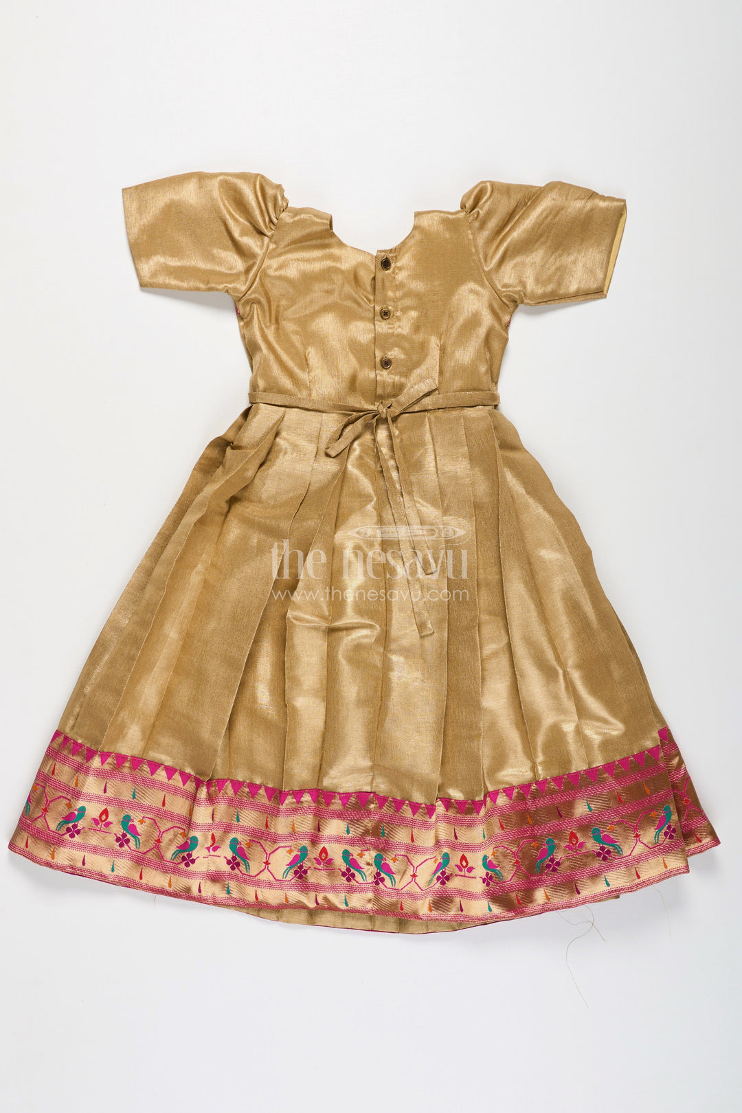 The Nesavu Girls Silk Gown Yellow Silk Gown for Girls in Tissue Silk with Traditional Paithani Border and Short Sleeves Nesavu Yellow Silk Gown Girls Tissue Fabric Paithani Border Traditional Pleats | The Nesavu