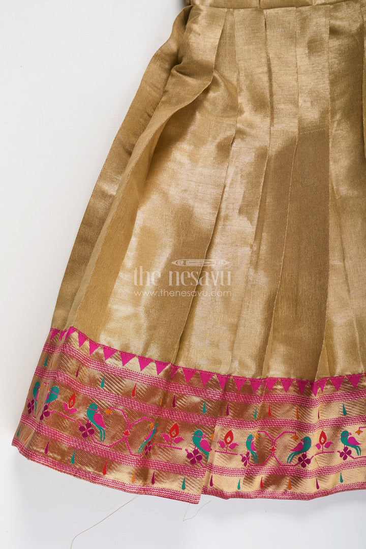 The Nesavu Girls Silk Gown Yellow Silk Gown for Girls in Tissue Silk with Traditional Paithani Border and Short Sleeves Nesavu Yellow Silk Gown Girls Tissue Fabric Paithani Border Traditional Pleats | The Nesavu