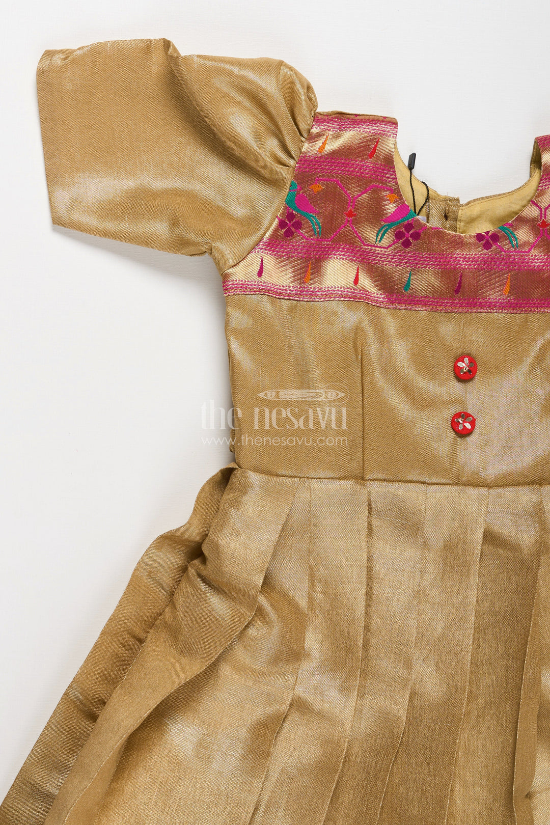 The Nesavu Girls Silk Gown Yellow Silk Gown for Girls in Tissue Silk with Traditional Paithani Border and Short Sleeves Nesavu Yellow Silk Gown Girls Tissue Fabric Paithani Border Traditional Pleats | The Nesavu