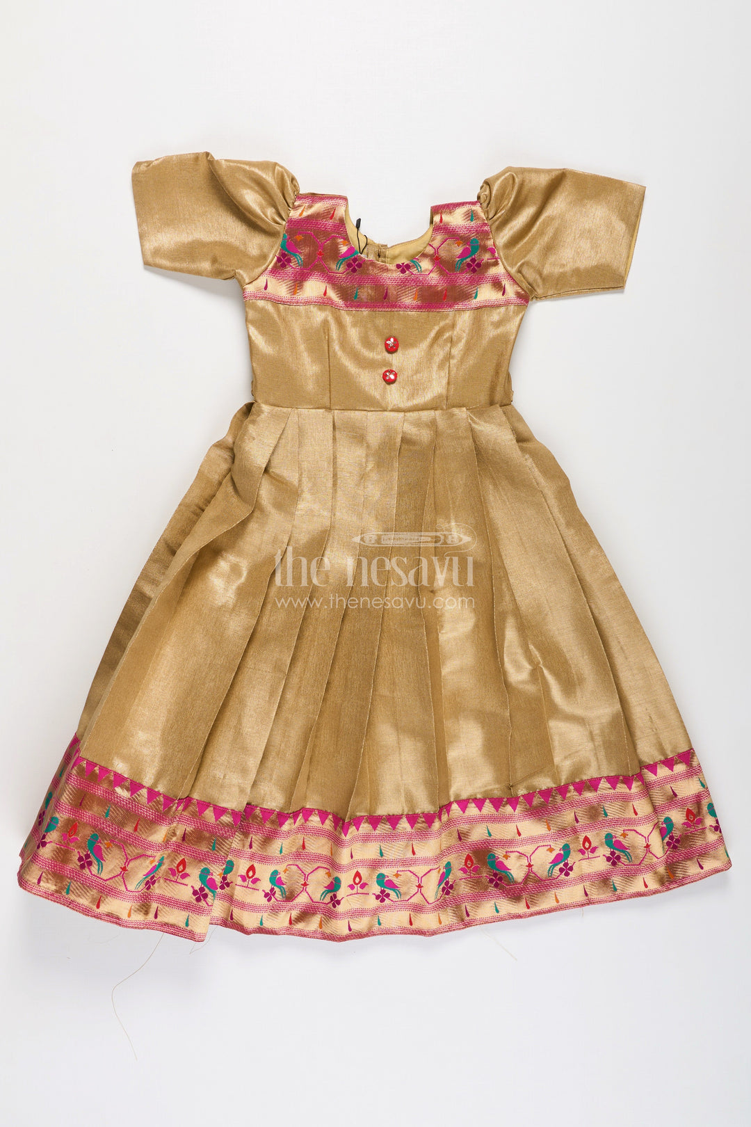 The Nesavu Girls Silk Gown Yellow Silk Gown for Girls in Tissue Silk with Traditional Paithani Border and Short Sleeves Nesavu Yellow Silk Gown Girls Tissue Fabric Paithani Border Traditional Pleats | The Nesavu