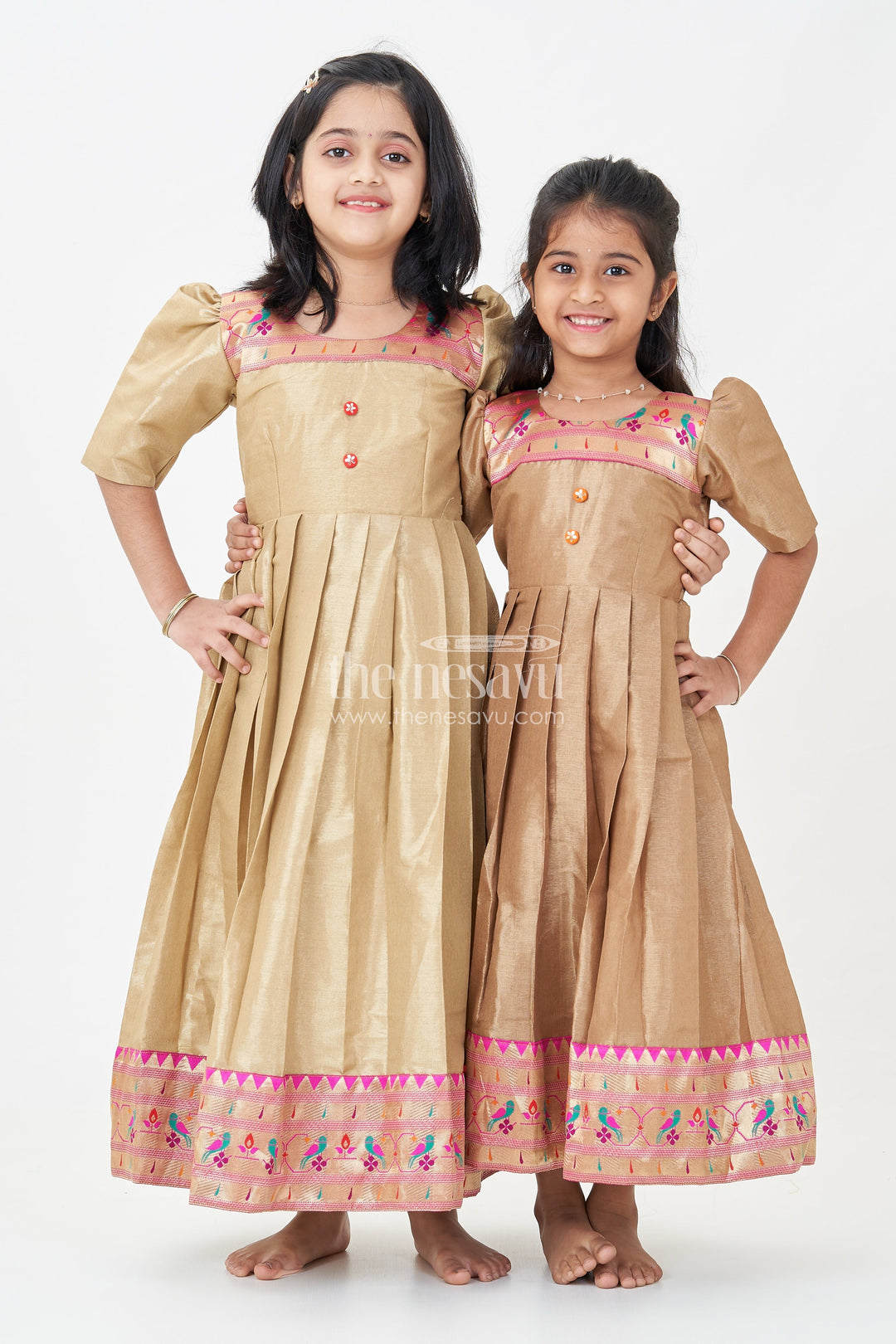 The Nesavu Girls Silk Gown Yellow Silk Gown for Girls in Tissue Silk with Traditional Paithani Border and Short Sleeves Nesavu Yellow Silk Gown Girls Tissue Fabric Paithani Border Traditional Pleats | The Nesavu