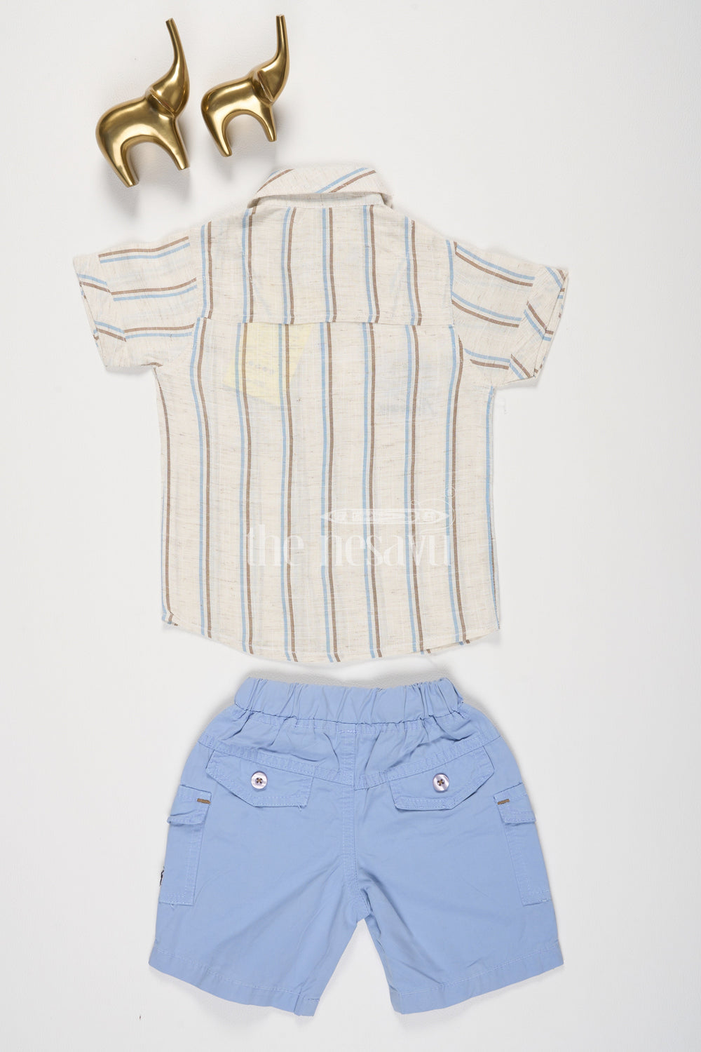 The Nesavu Boys Casual Set Yellow Striped Half Sleeve Shirt and Blue Shorts Set for Boys Nesavu Yellow Striped Half Sleeve Shirt and Blue Shorts Set for Boys - Nesavu