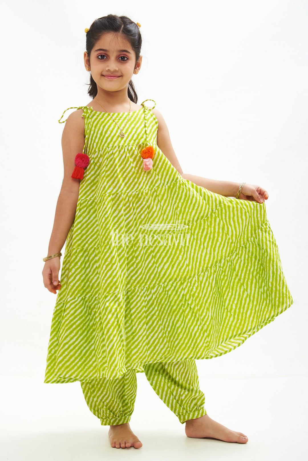 The Nesavu Girls Sharara / Plazo Set Yellow Two-Piece Cotton Dress with Jaipur Hand Block Print for Girls Nesavu 24 (5Y) / Green GPS360A-24