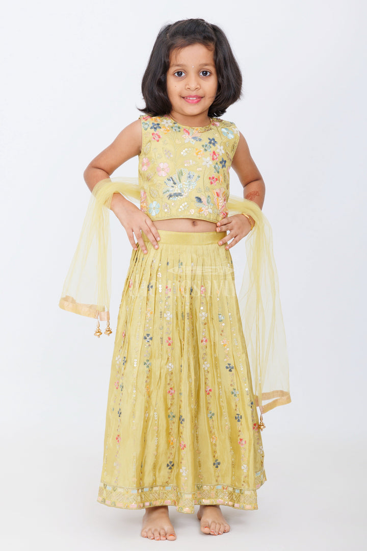 The Nesavu Girls Lehenga Choli Yellow Viscose Embroidery Girls Lehenga Choli with Floral Sequin Detailing and Sleeveless Blouse Nesavu 16 (1Y) / Yellow GL508A-16 Nesavu Yellow Girls Lehenga Choli Floral Embroidery Sequin Details Festive Wear