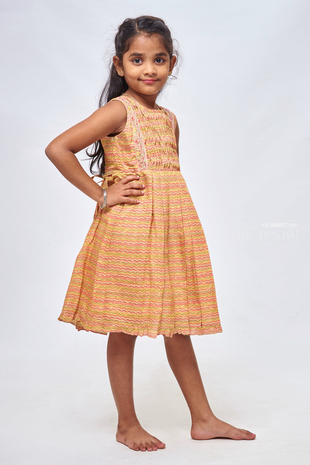 The Nesavu Girls Cotton Frock Yellow Wave Wonder: Sleeveless Daily Wear Cotton Frock for Girls Nesavu Cotton Printed Frock | Daily Wear Cotton Frocks | the Nesavu