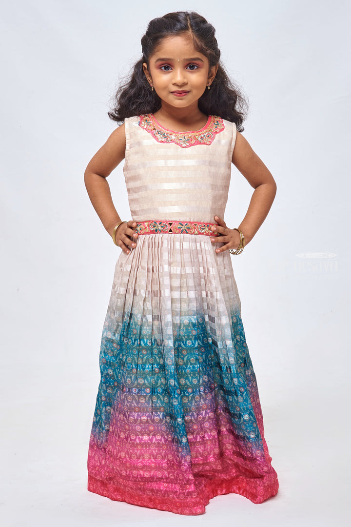 The Nesavu Girls Party Gown Zardosi Brilliance: Striped & Pleated Beige Gown for Girls Nesavu 18 (2Y) / Beige / Chinnon GA150A-18 Festive Wear Anarkali Dresses for Girls | Full length Ethnic Gowns for Girls | The Nesavu