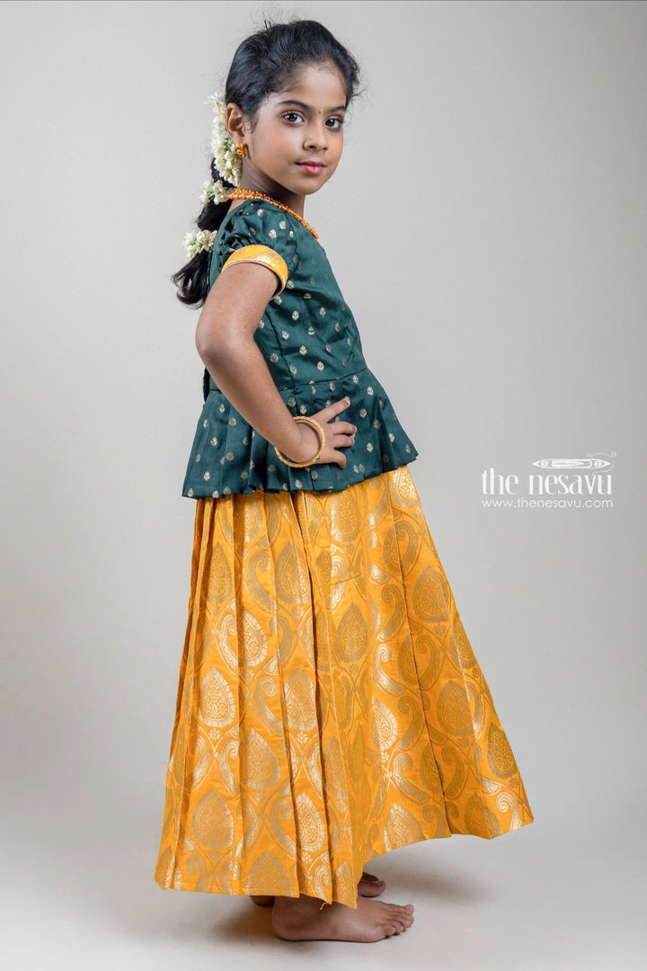 The Nesavu Pattu Pavadai Zari Butta Printed Green Silk Peplum Blouse with Knife Pleated Yellow Pattu Pavadai for Girls Nesavu 30 (8Y) / Yellow / Jacquard GPP263-30 Zari Butta Printed Green Silk Peplum Blouse with Knife Pleated yellow Pattu Pavadai for Girls | Shop at The Nesavu