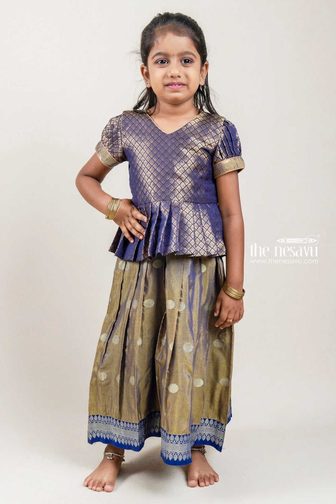 The Nesavu Pattu Pavadai Zari Designer Navy Silk Peplum Blouse with Knife Pleated Beige Silk Skirt for Girls Nesavu 16 (1Y) / Beige / Small Border GPP264B-16 Zari Designer Navy Silk Peplum Blouse with Knife Pleated Blue Silk Skirt for Girls | Shop at The Nesavu