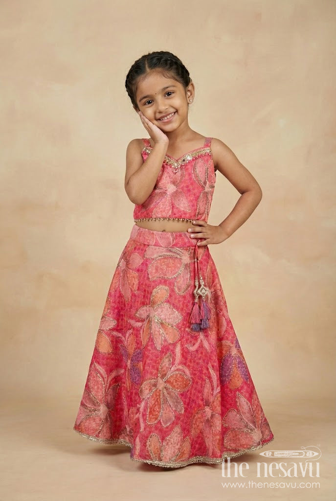 The Nesavu Girls Lehenga Choli Zari Lehenga Choli Set for Girls Floral Organza Partywear Nesavu 16 (1Y) / Pink GL726A-16 Nesavu Floral Wedding Lehenga Choli Set Girls Organza Blend Fine Zari Digital Print