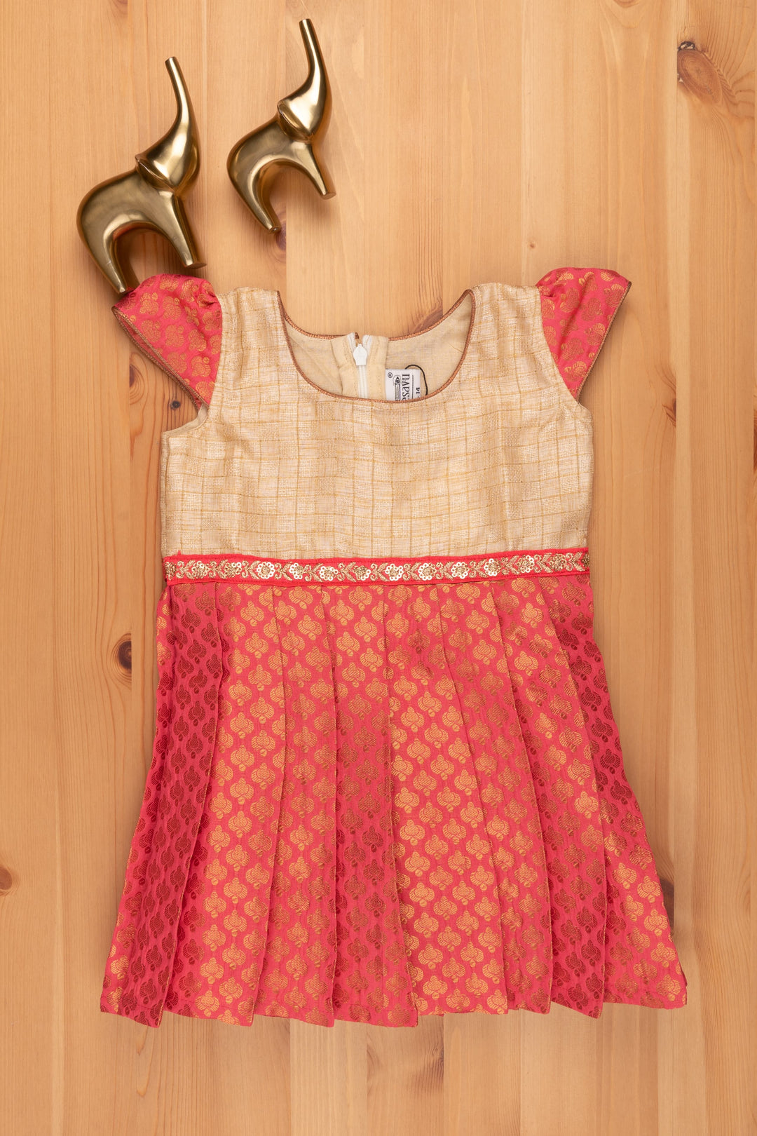 The Nesavu Silk Frock Zari with Brocade Designer Pattu dress with Checkered pattern Beige Yoke Nesavu 14 (6M) / Red SF680A-14 Brocade Designer Pleated Red Silk Frock | Girls Festive Frock | The Nesavu