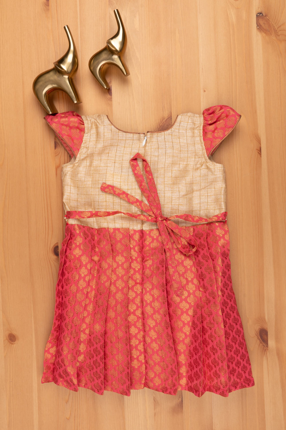 The Nesavu Silk Frock Zari with Brocade Designer Pattu dress with Checkered pattern Beige Yoke Nesavu Brocade Designer Pleated Red Silk Frock | Girls Festive Frock | The Nesavu