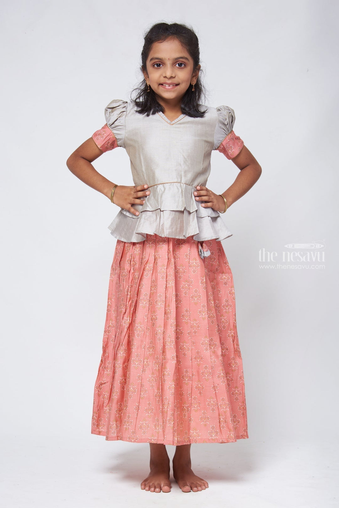 The Nesavu Pattu Pavadai Zari with Floral Printed Orange Pleated Skirt and Grey Jacquard Peplum Blouse Nesavu 16 (1Y) / Salmon GPP291B-16 Latest Style Pattu Pavadai Design | Silk Readymade Dresses for Girls | The Nesavu