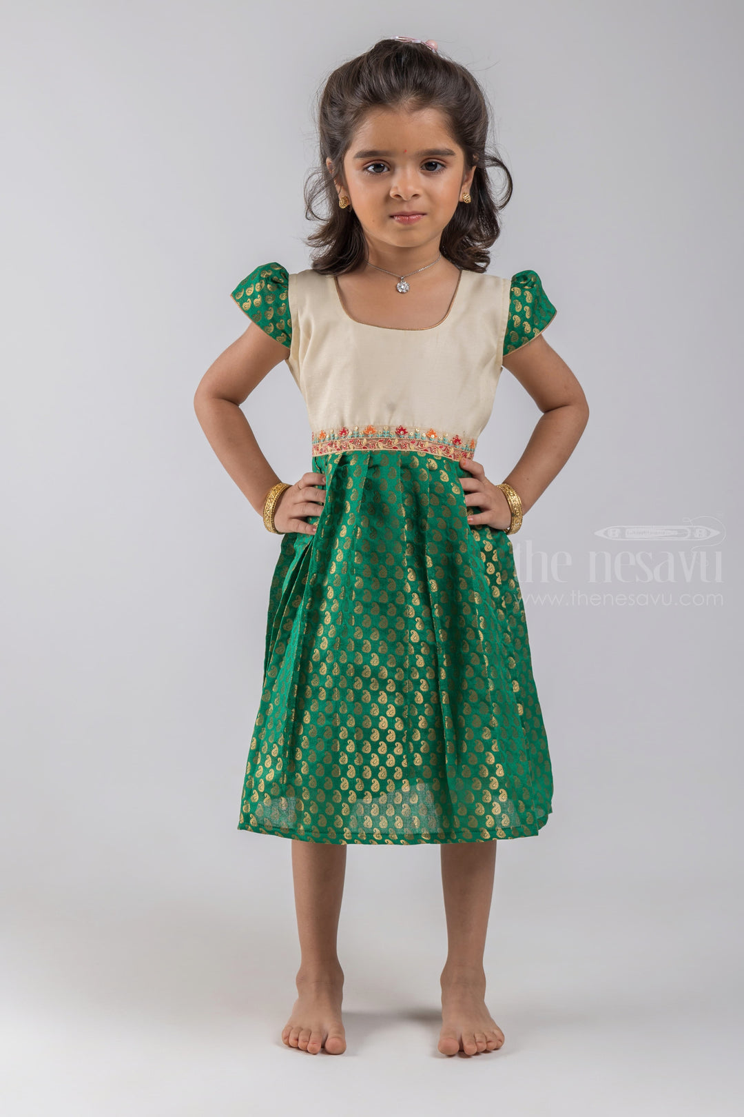 The Nesavu Silk Embroidered Frock Zari with Paisley Designer Knife Pleated Green Silk Frock with White Yoke for Girls psr silks Nesavu 16 (1Y) / Green / Semi Silk SF628