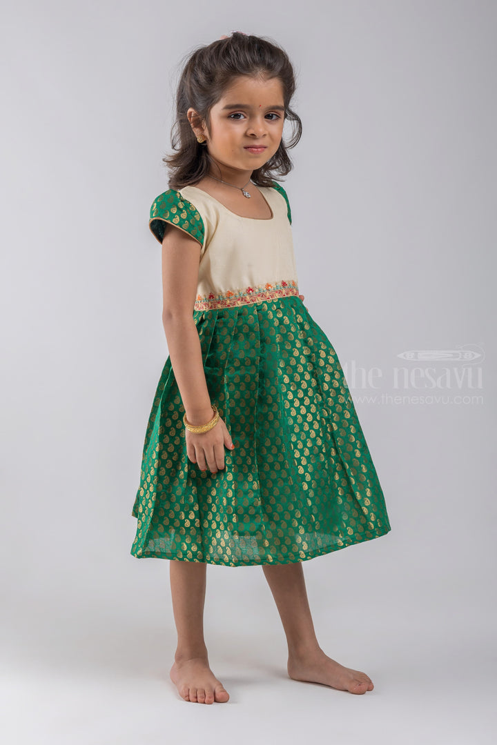 The Nesavu Silk Embroidered Frock Zari with Paisley Designer Knife Pleated Green Silk Frock with White Yoke for Girls psr silks Nesavu