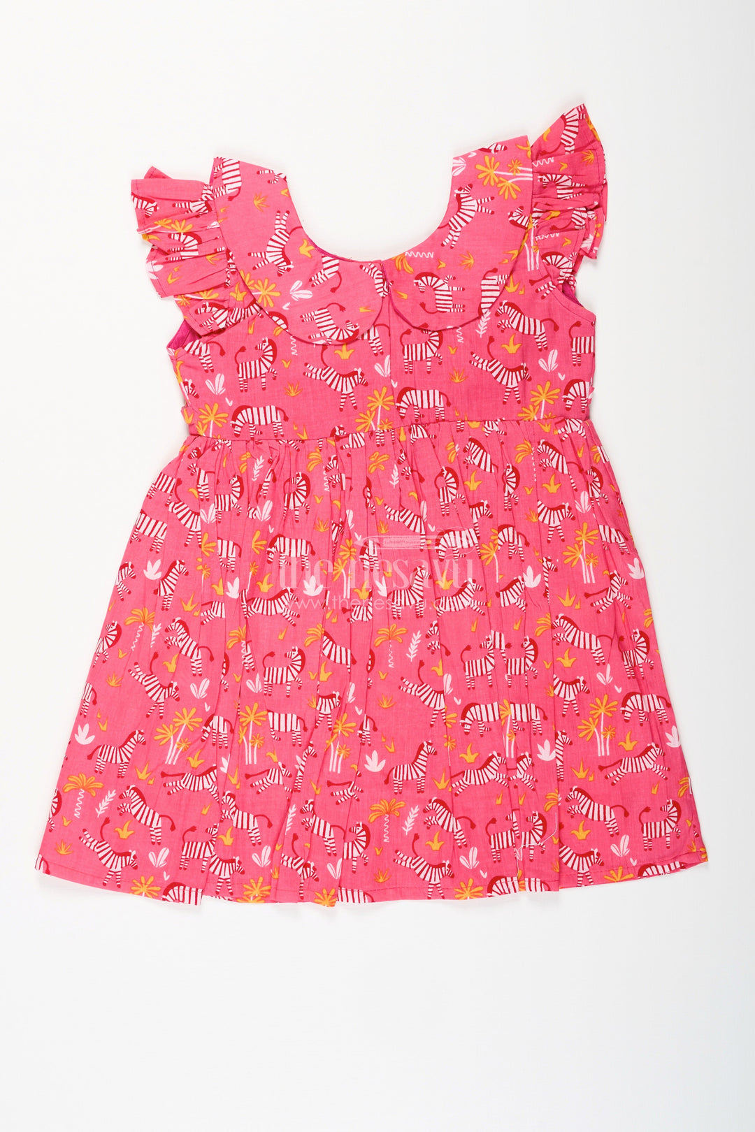 The Nesavu Girls Cotton Frock Zebra Print Cotton Frock for Toddler Girls with Ruffled Sleeves Nesavu 18 (2Y) / Pink GFC1943A-18 Nesavu toddler girls pink cotton frock with zebra print and ruffled sleeves for casual wear