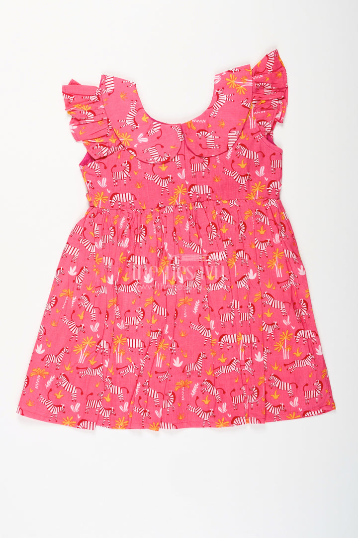 The Nesavu Girls Cotton Frock Zebra Print Cotton Frock for Toddler Girls with Ruffled Sleeves Nesavu 18 (2Y) / Pink GFC1943A-18 Nesavu toddler girls pink cotton frock with zebra print and ruffled sleeves for casual wear