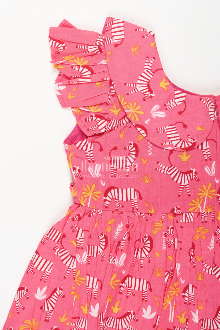 The Nesavu Girls Cotton Frock Zebra Print Cotton Frock for Toddler Girls with Ruffled Sleeves Nesavu Nesavu toddler girls pink cotton frock with zebra print and ruffled sleeves for casual wear