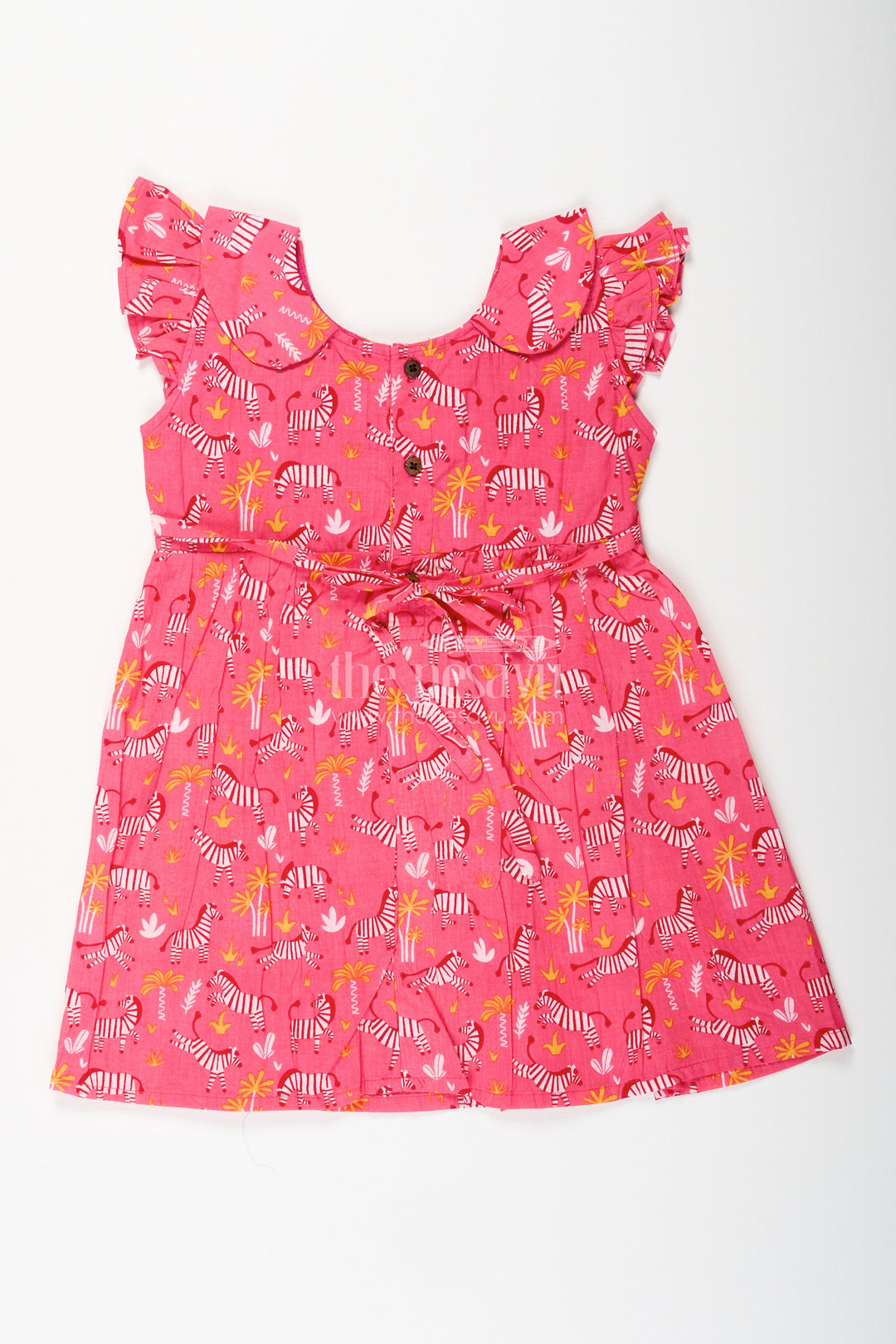 The Nesavu Girls Cotton Frock Zebra Print Cotton Frock for Toddler Girls with Ruffled Sleeves Nesavu Nesavu toddler girls pink cotton frock with zebra print and ruffled sleeves for casual wear