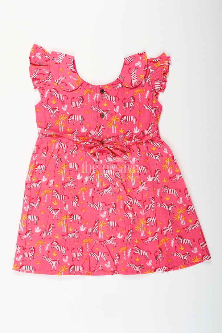 The Nesavu Girls Cotton Frock Zebra Print Cotton Frock for Toddler Girls with Ruffled Sleeves Nesavu Nesavu toddler girls pink cotton frock with zebra print and ruffled sleeves for casual wear