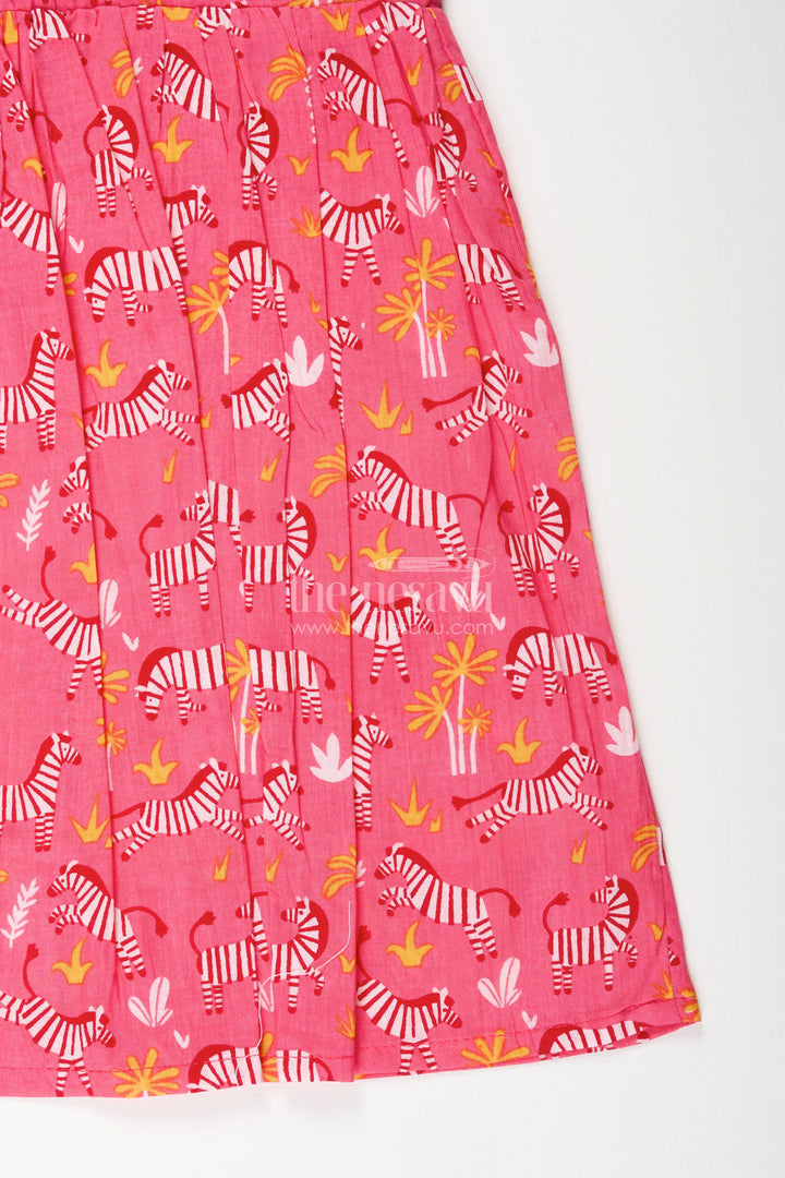 The Nesavu Girls Cotton Frock Zebra Print Cotton Frock for Toddler Girls with Ruffled Sleeves Nesavu Nesavu toddler girls pink cotton frock with zebra print and ruffled sleeves for casual wear