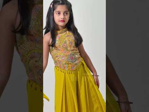 Girls Green Dress Palazzo Set in Floral Georgette with Sequence Embroidery and Puff Sleeves