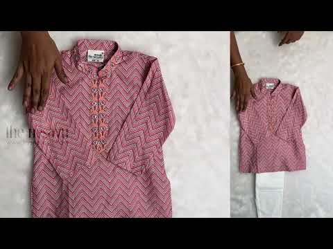 Ajrak Printed ZigZag Pink Cotton Kurta And White Pyjama For Little Boys