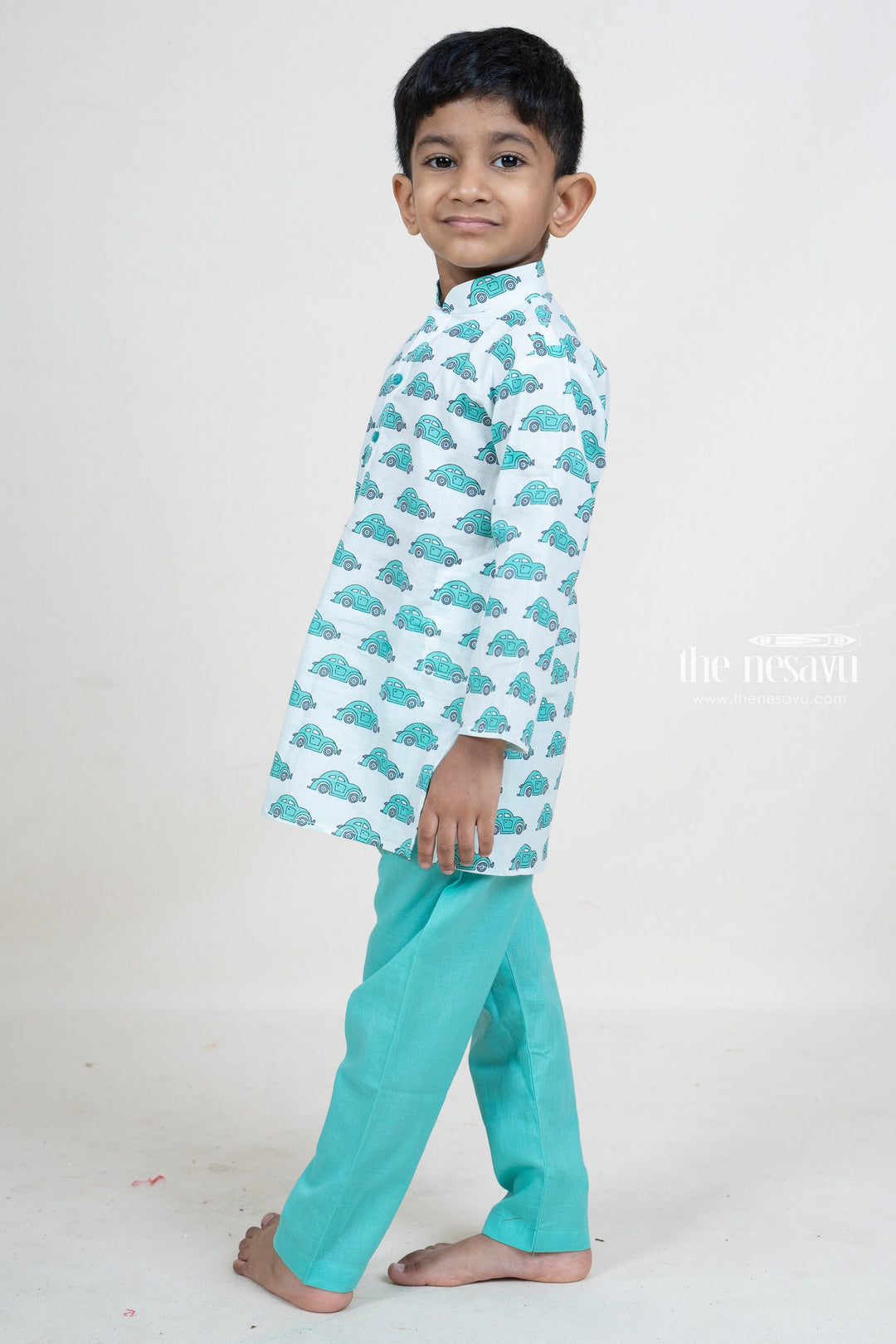 The Nesavu Ethnic Sets Aqua Blue Cotton Car Printed Play Wear Party Wear For Boys psr silks Nesavu