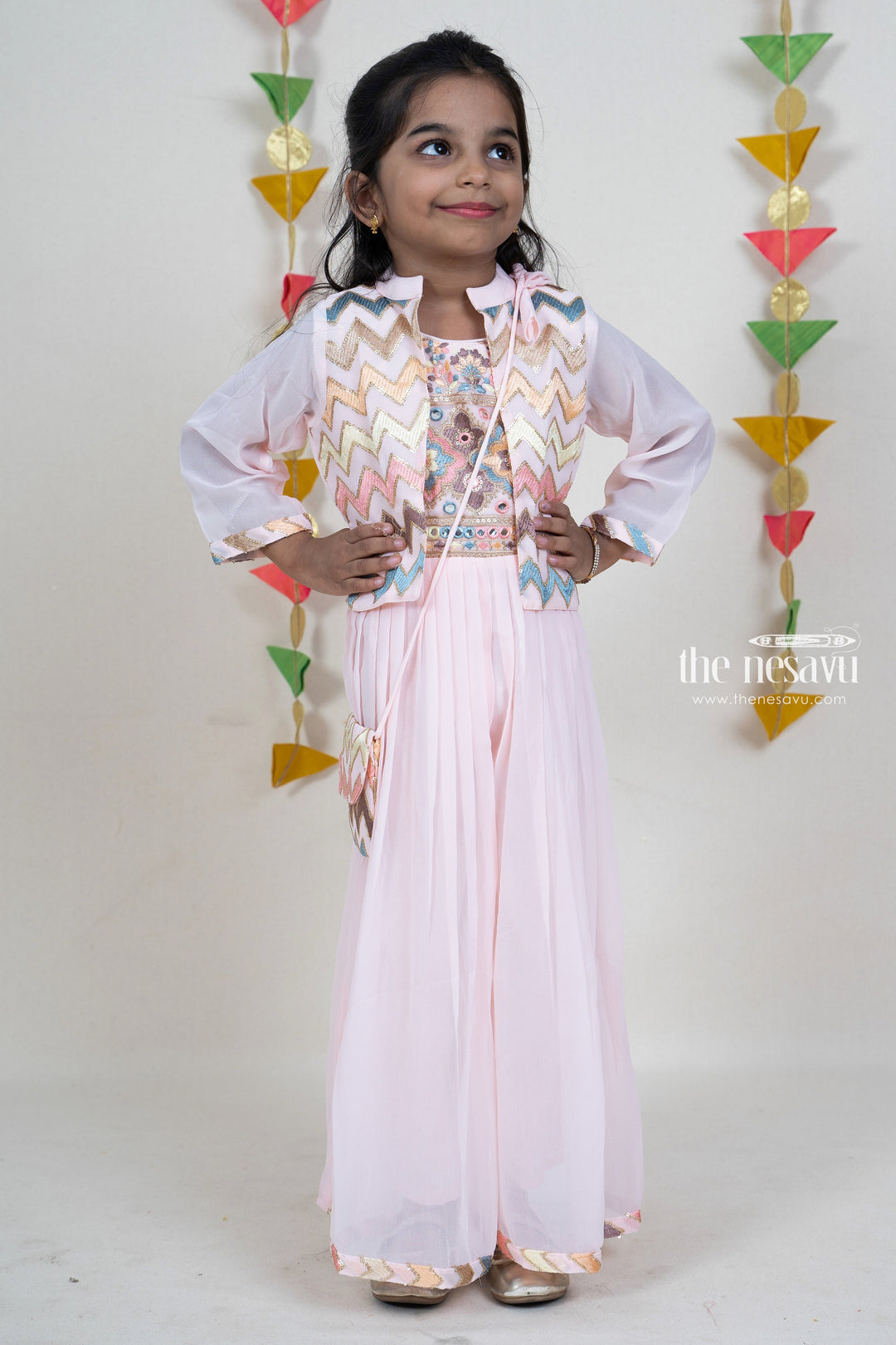 The Nesavu Sets & Suits Baby Pink Sequenced Embroider Designer Festive Wear For Girls psr silks Nesavu 16 (1Y) / PeachPuff GPS095A