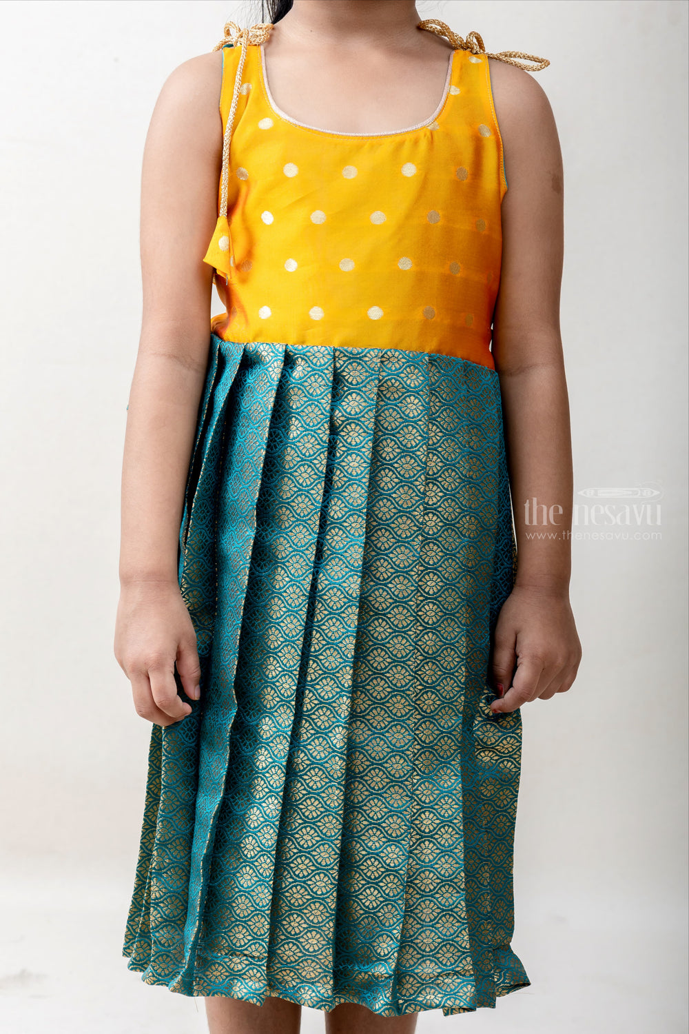 The Nesavu Tie-up Frock Dark Seagreen Banarasi Brocade Silk With Yellow Yoke Tie UP Frock. psr silks Nesavu