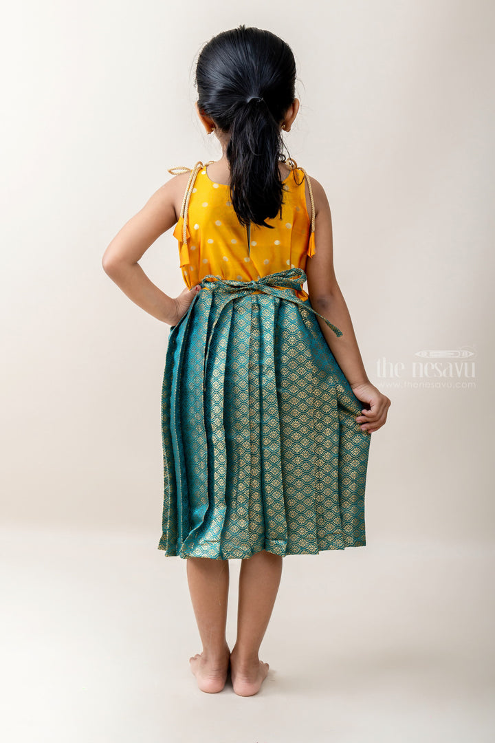 The Nesavu Tie-up Frock Dark Seagreen Banarasi Brocade Silk With Yellow Yoke Tie UP Frock. psr silks Nesavu