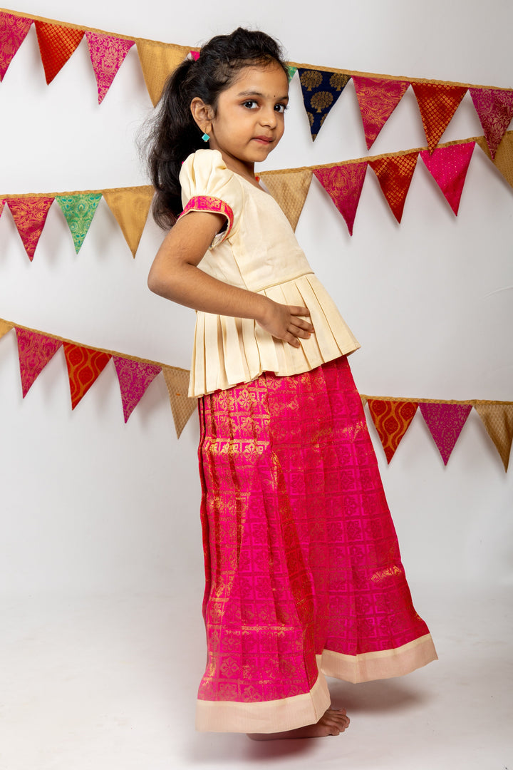 The Nesavu Pattu Pavadai Deep Magenta Pink Semi Kanchi Jacquard Silk Pattu Pavada With Contrasting Peplum Blouse psr silks Nesavu