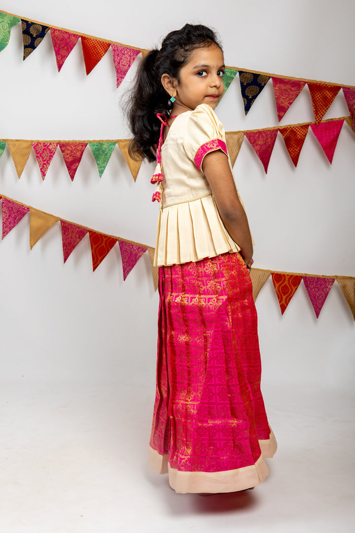 The Nesavu Pattu Pavadai Deep Magenta Pink Semi Kanchi Jacquard Silk Pattu Pavada With Contrasting Peplum Blouse psr silks Nesavu