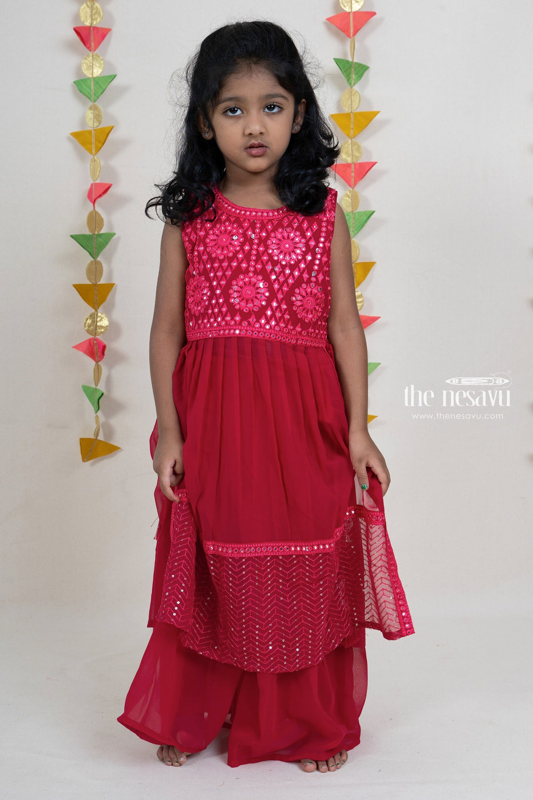 The Nesavu Sets & Suits Deep Pink Mirror Designer Embroidery Georgette Palazzo Suit For Girls psr silks Nesavu 16 (1Y) / Red GPS092A