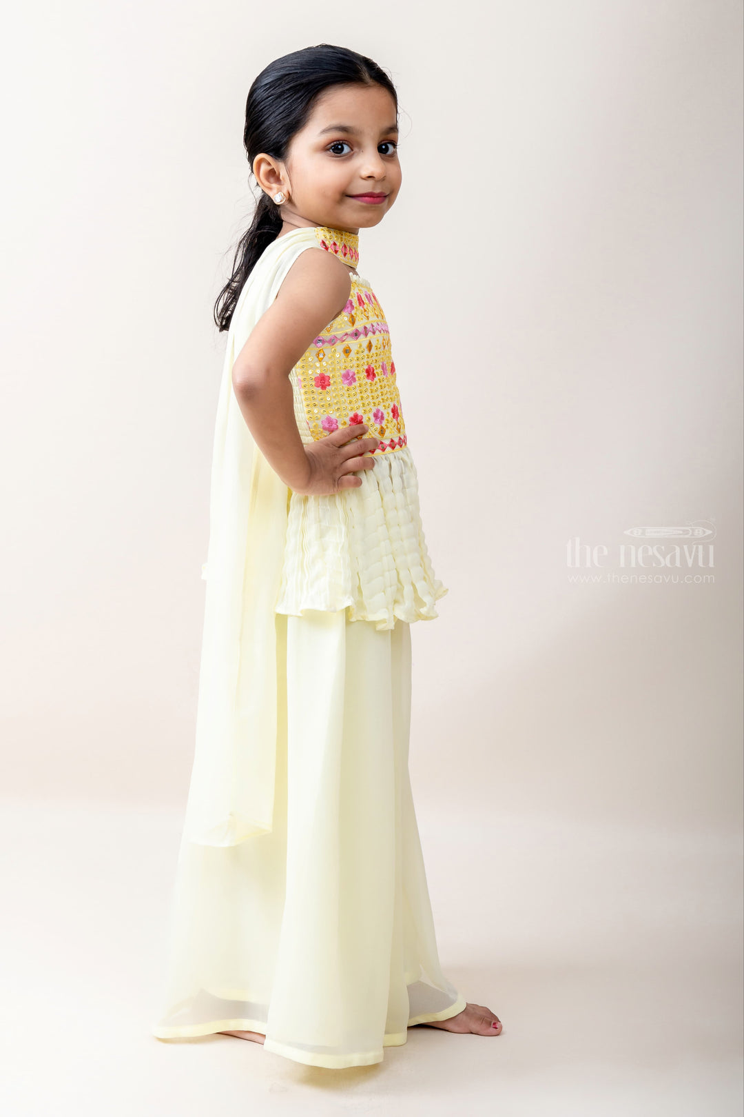 The Nesavu Sets & Suits Frills And Flows - Embellished Yellow ShortTops And Airy Patiala Pants psr silks Nesavu