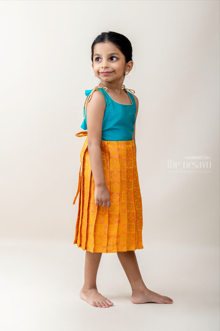 The Nesavu Tie-up Frock Golden Yellow with Peacock Blue Tie-up Frocks For Little Girls psr silks Nesavu