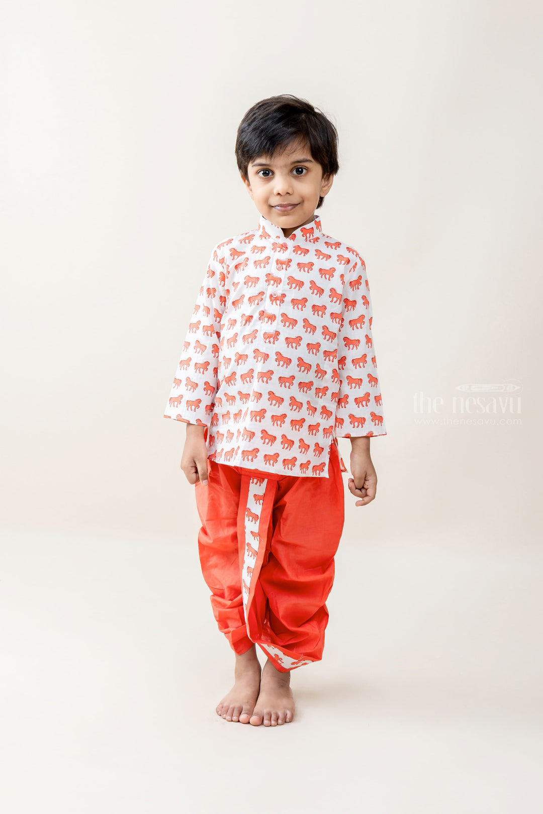 The Nesavu Ethnic Sets Horse Printed Peach Pink Soft Cotton Kurta Suit For Baby Boys psr silks Nesavu 12 (3M) / peachpuff BES218A