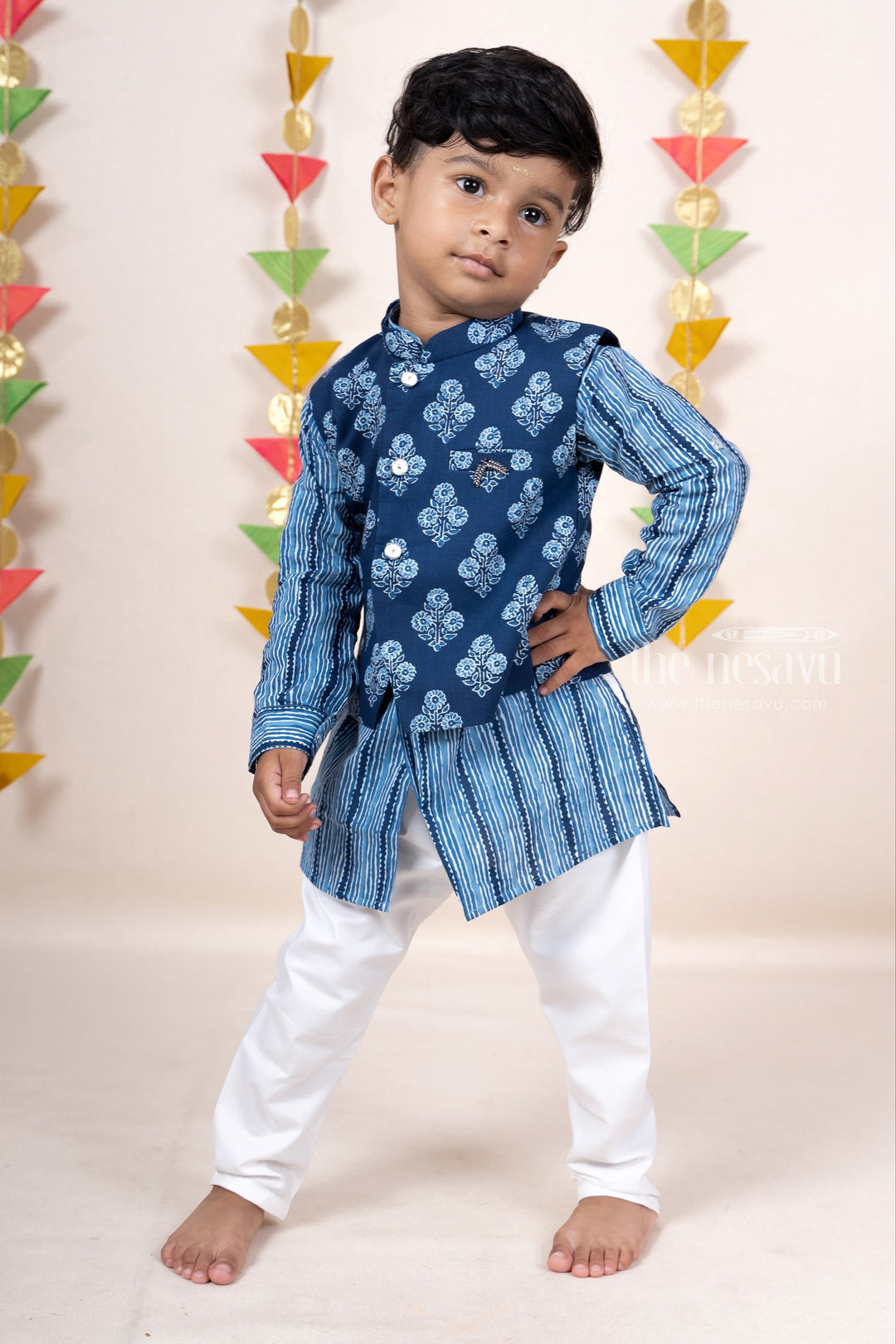 The Nesavu Ethnic Sets Indigo Blue Soft Cotton Printed Kurta Suit For Baby Boys psr silks Nesavu