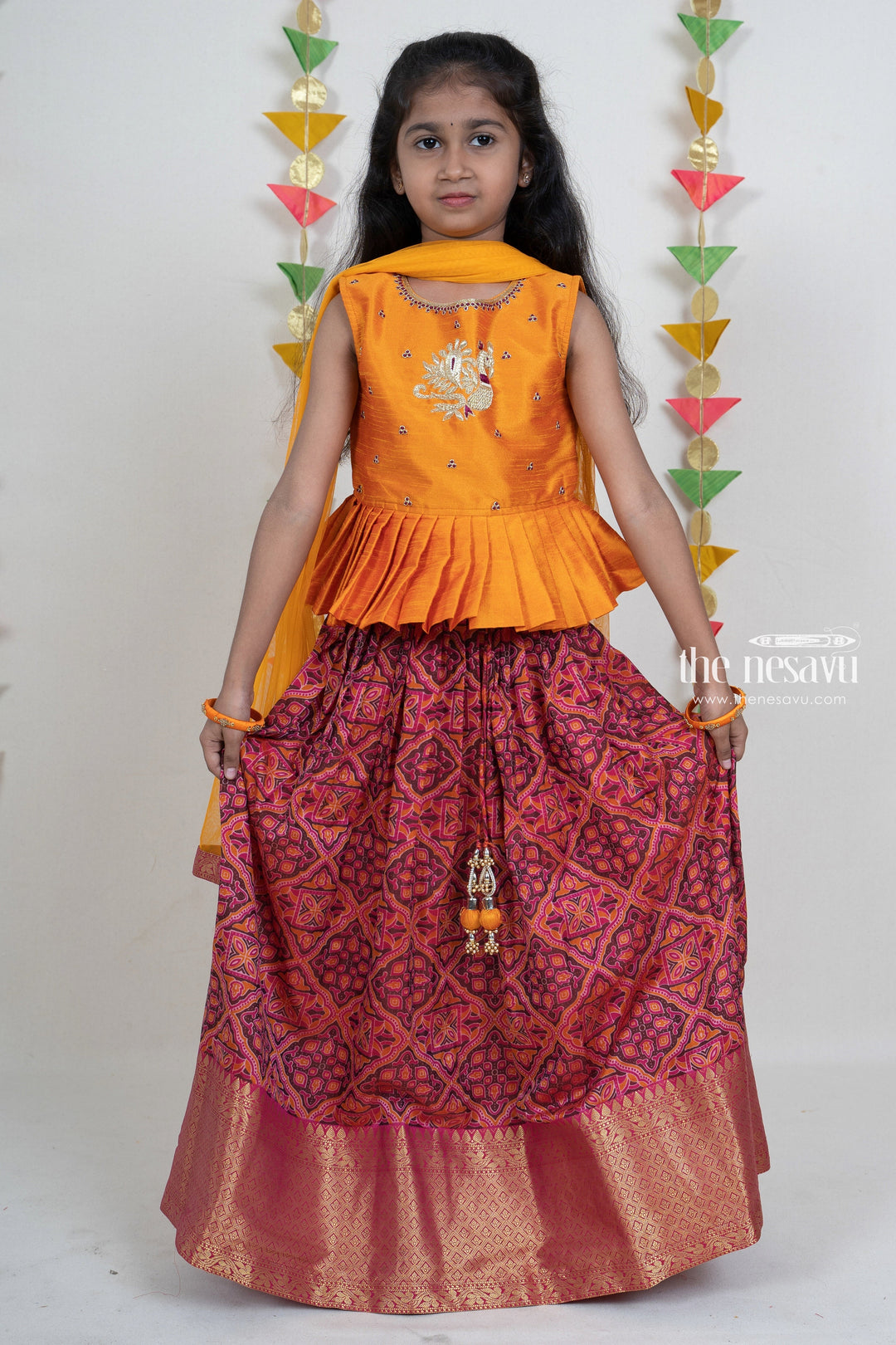 The Nesavu Pattu Pavadai Latest Designer Pink Pattu Pavada With Yellow Embroidery Peplum Pleated Blouse psr silks Nesavu 24 (5Y) / IndianRed GPP246