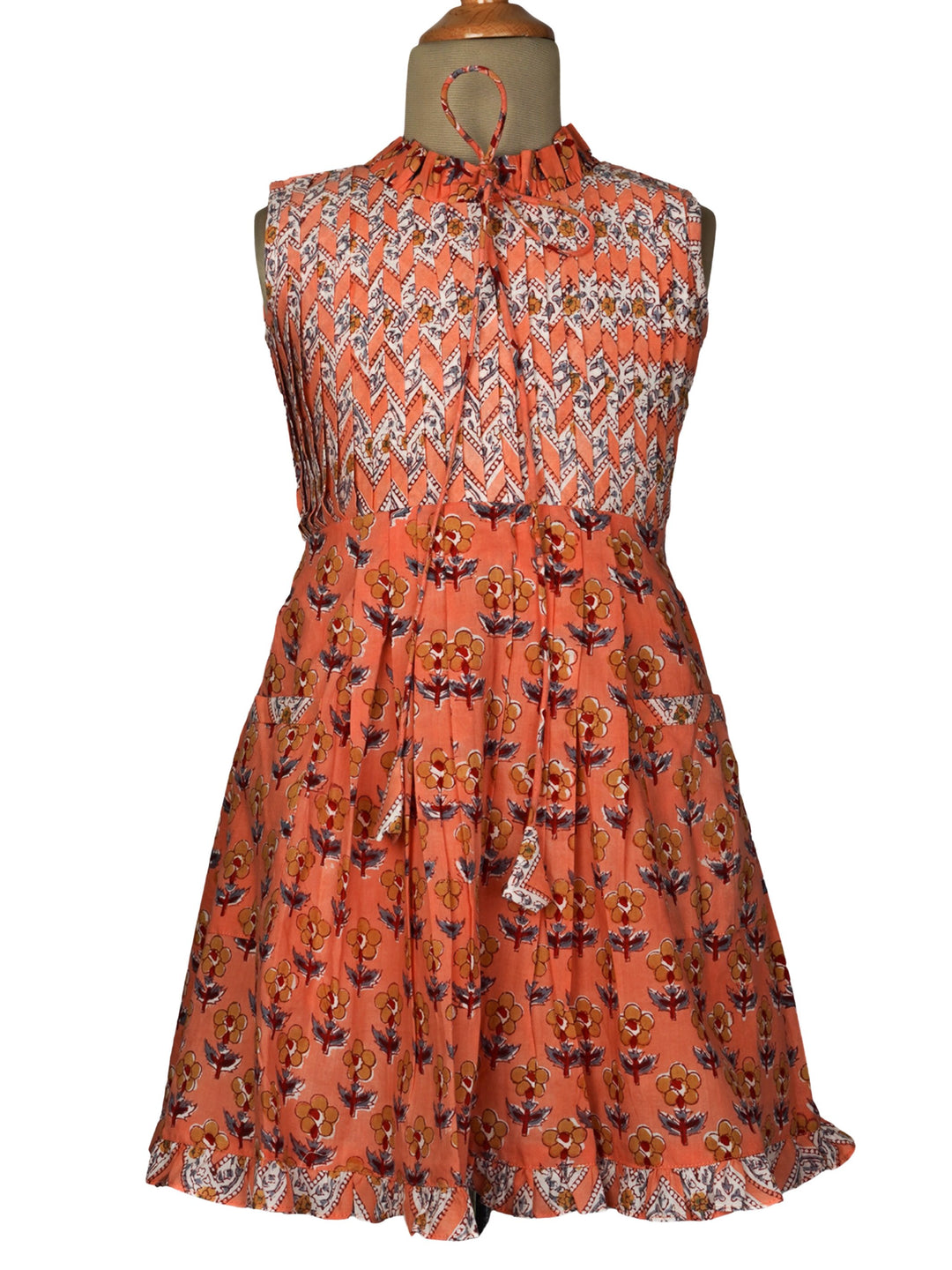The Nesavu Frocks & Dresses Latest High-neck Ruffle with Pleated Yoke Jaipur Print Cotton Frock for Girls psr silks Nesavu 16 (1Y-2Y) / sandy brown GFC396