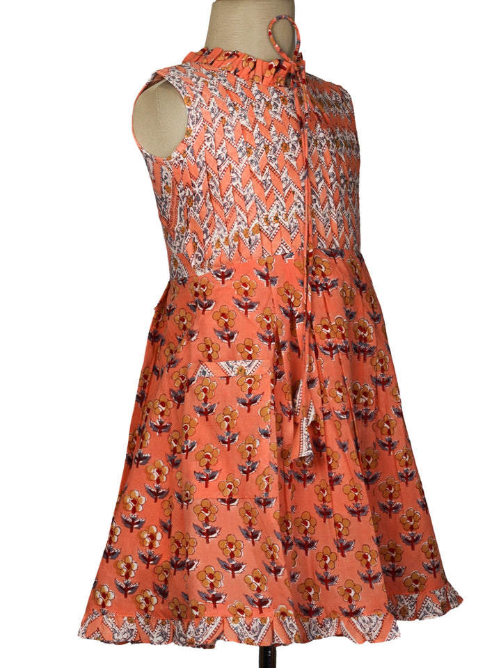 The Nesavu Frocks & Dresses Latest High-neck Ruffle with Pleated Yoke Jaipur Print Cotton Frock for Girls psr silks Nesavu
