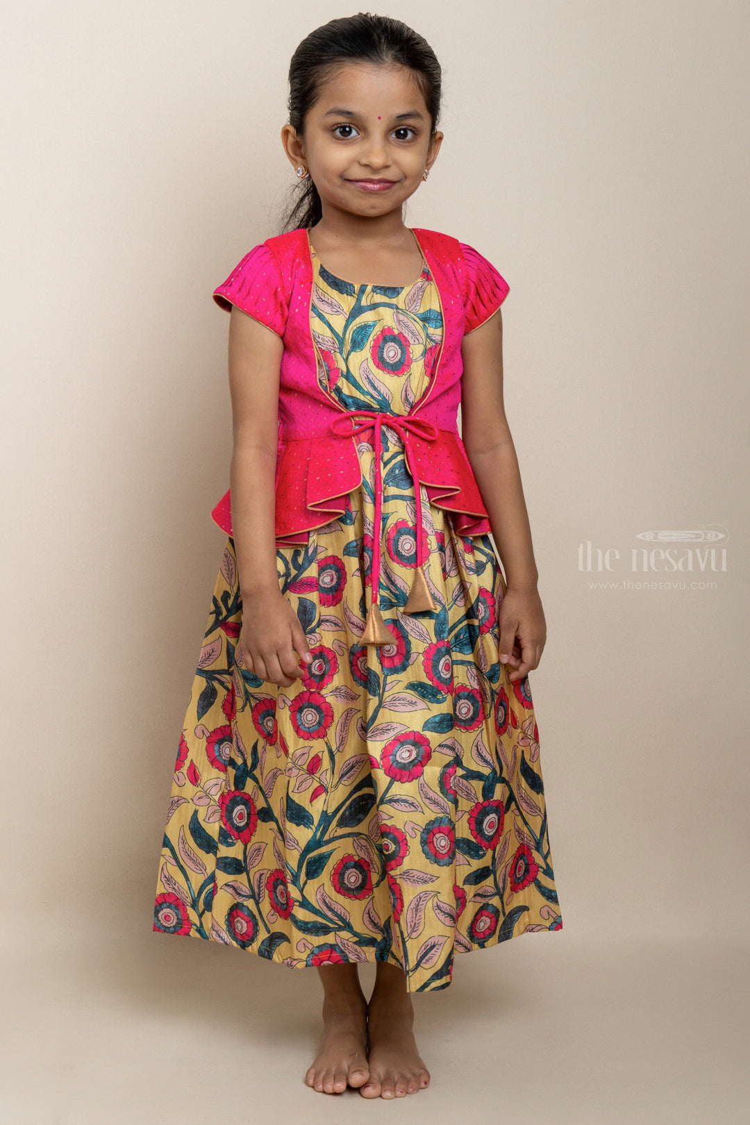 The Nesavu Kids Anarkali Latest Pink Floral Printed Silk Cotton Anarkali For Girls With Overcoat psr silks Nesavu 12 (3M) / multicolor GA125B