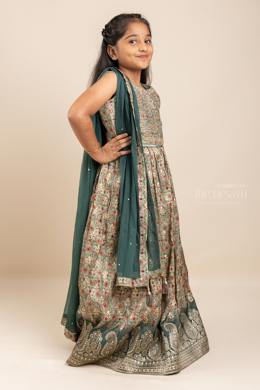 The Nesavu Lehenga & Ghagra Little Green Girl - Shimmering Lehenga And Crop Top With Designer Dupatta For Girls psr silks Nesavu