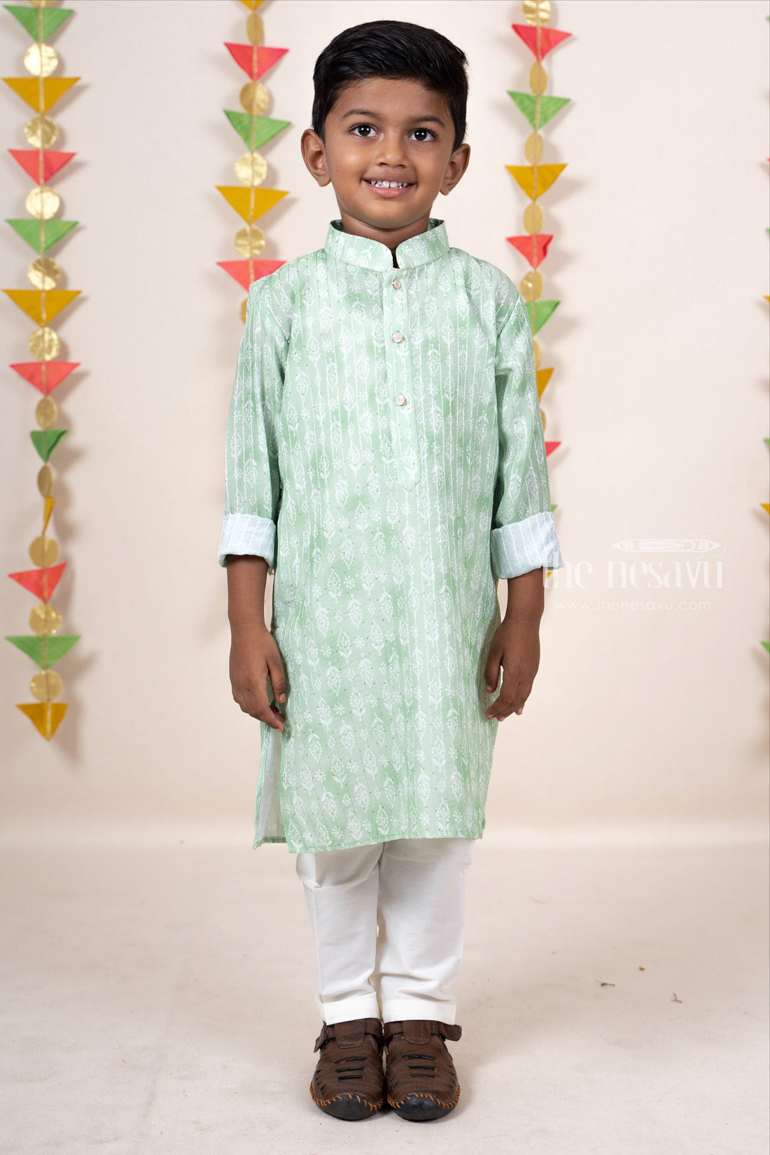The Nesavu Ethnic Sets Mint Green Cotton Kurta Outfit For Baby Boys Attached With Pant psr silks Nesavu 14 (6M) / Springgreen BES137