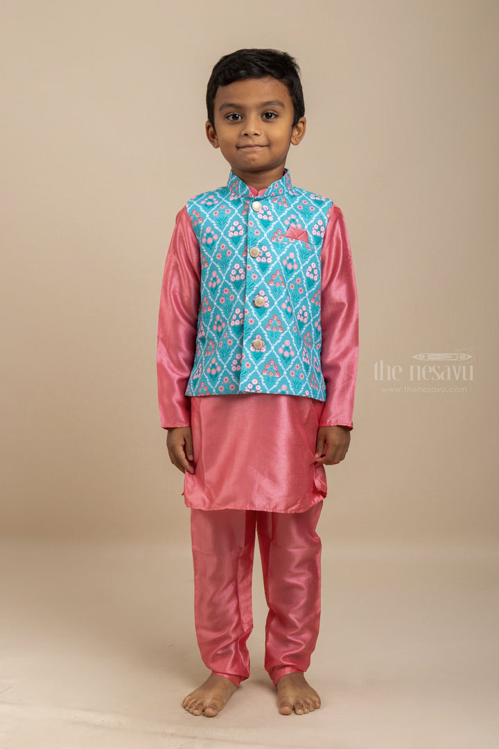 The Nesavu Ethnic Sets Party Ready - Stunning Evergreen Combo Of Pink with Sea Green Kurta Set With Overcoat For Boys psr silks Nesavu 14 (6M) / pink BES239