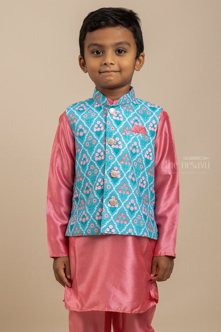 The Nesavu Ethnic Sets Party Ready - Stunning Evergreen Combo Of Pink with Sea Green Kurta Set With Overcoat For Boys psr silks Nesavu