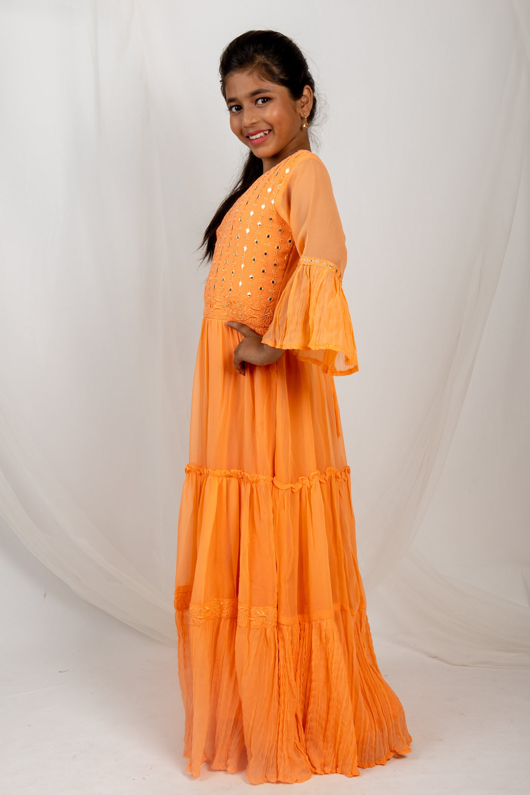 The Nesavu Kids Anarkali Peach Layered Anarkali Dress With Chunni For Girls psr silks Nesavu 24 (5Y) / Orange GA025