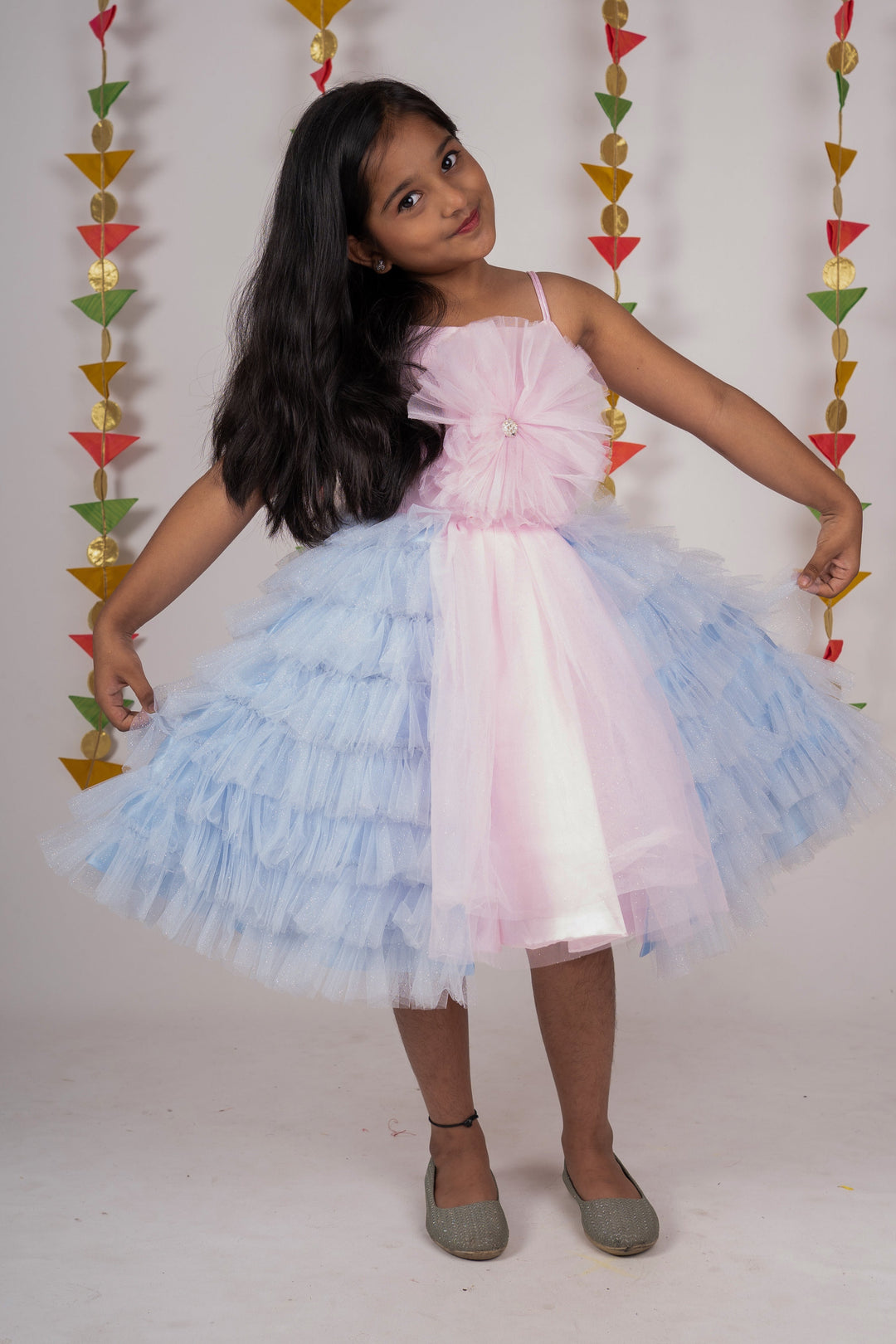 The Nesavu Party Frock Pink With Blue Multi Layered Frill Trimmed Frock For Baby Girls psr silks Nesavu 14 (6M) / Pink PF44