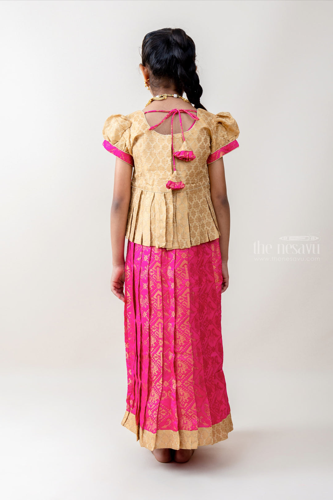 The Nesavu Pattu Pavadai Rewind Mode - Benaras Silk Sandal Blouse With Pink Fleeted Pavadai psr silks Nesavu