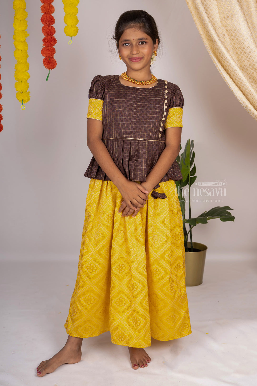 The Nesavu Pattu Pavadai Traditional Yellow With Coffee Brown Peplum Pleated Designer Indian Wear psr silks Nesavu 14 (6M) / yellow GPP226