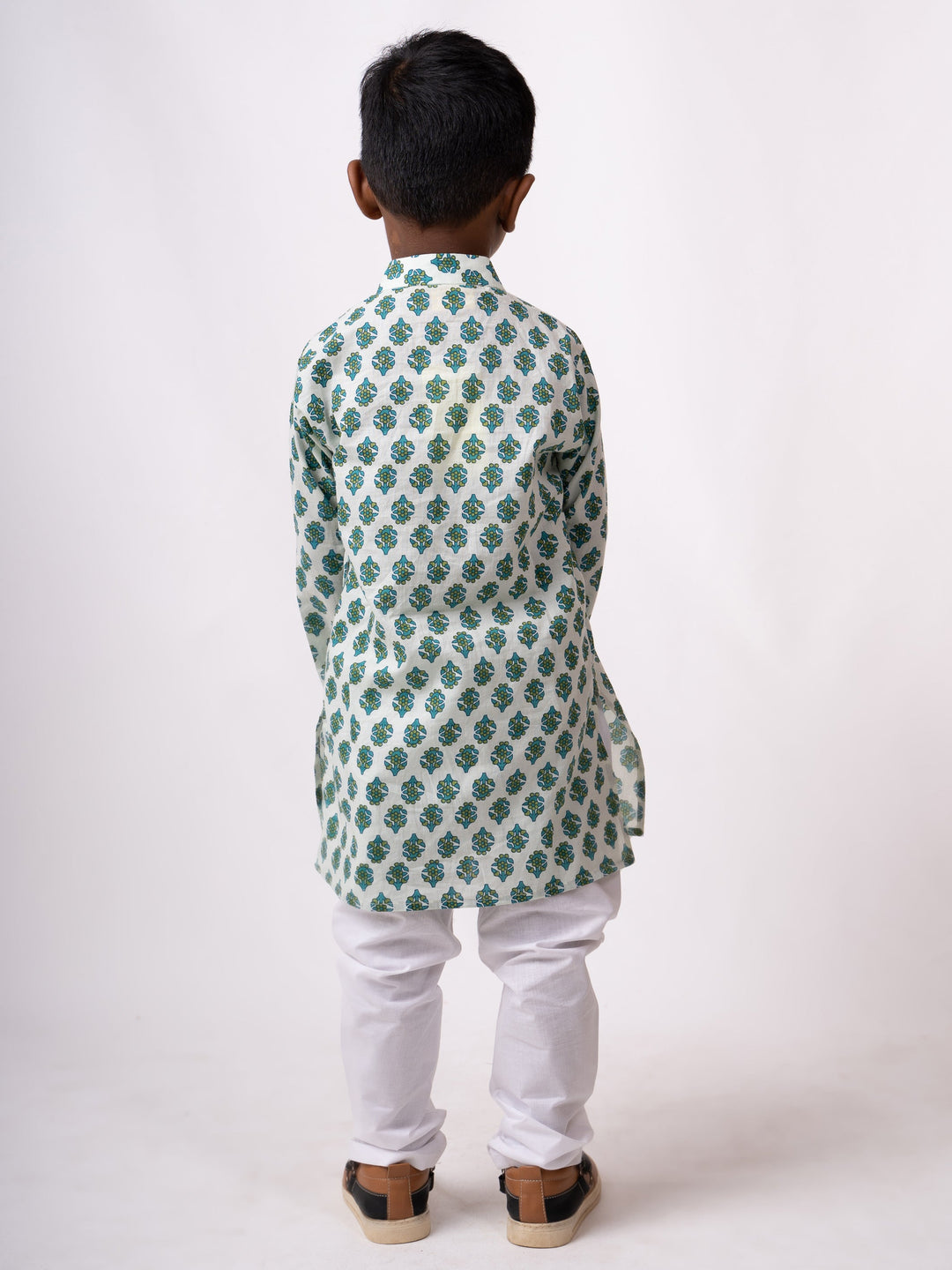 The Nesavu Ethnic Sets Turquoise Block Print Inspired Soft Cotton Boys Ethnic Kurta Set psr silks Nesavu